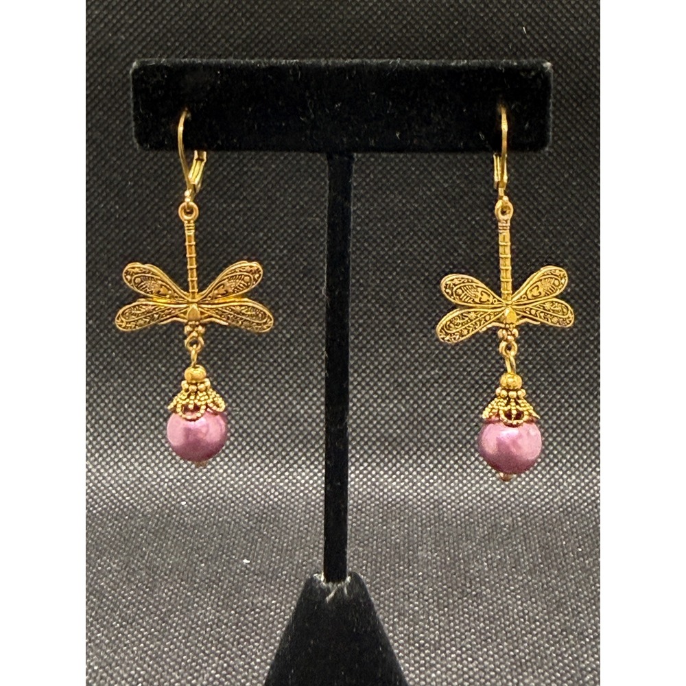 Gold Tone Dragonfly Purple Faux Pearl Leverback Drop Earrings Filigree Boho